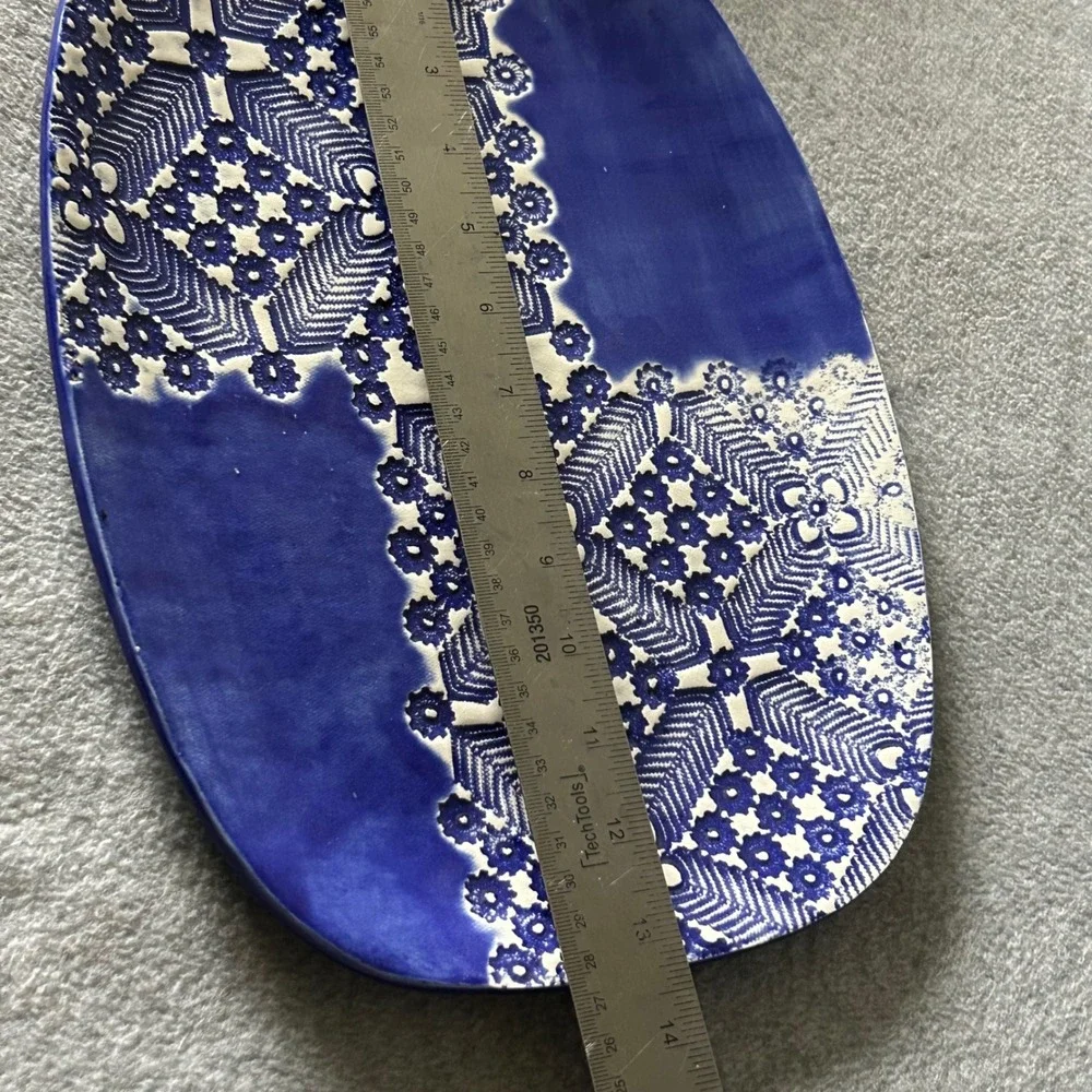 Handmade Charleston Pottery Platter Lace Impressed Blue Cobalt 2018‎ Bee Mark